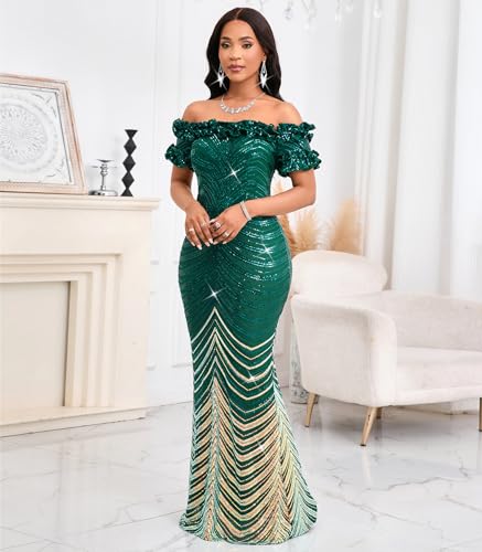 Image of dasmzper Women Sexy Sequin Off Shoulder Ruffle Short Sleeve Bodycon Mermaid Party Formal Evening Maxi Dress