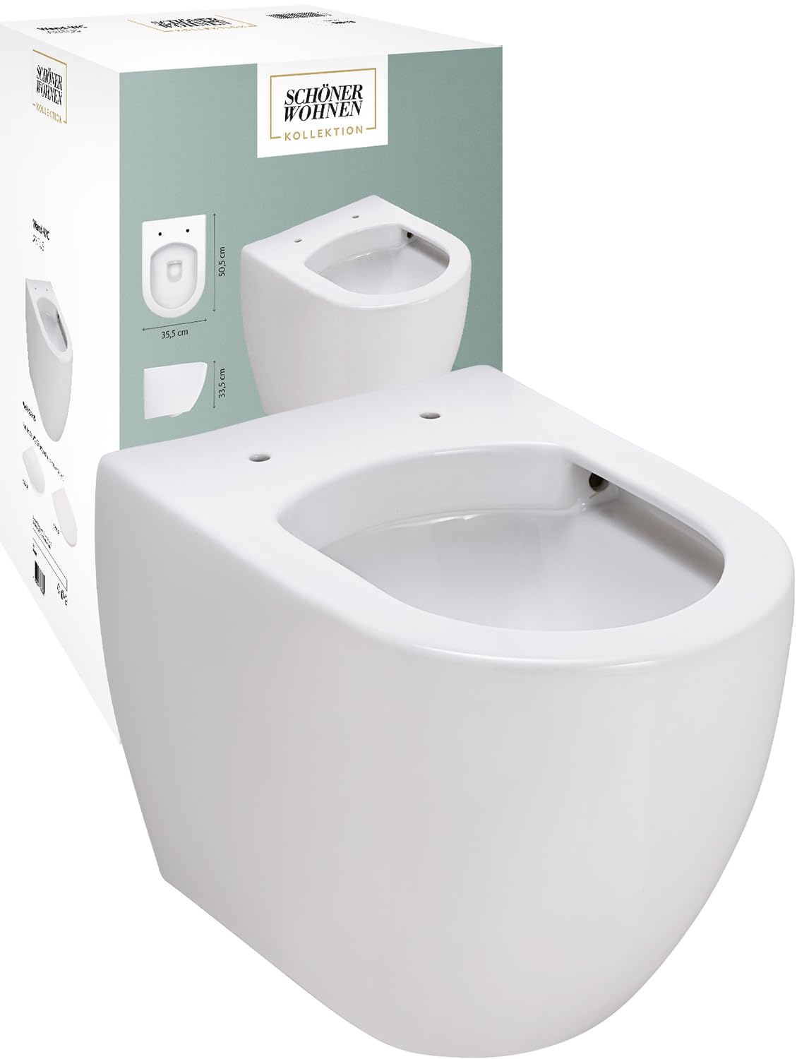 SCHÖNER WOHNEN WC suspendu sans rebord 50.5 x 35.5 x 36 cm blanc | 23.45 kg chasse d'eau profonde sortie horizontale