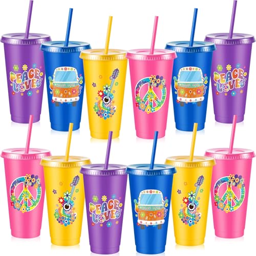 Chuangdi 12 Pcs 60's Hippie Party Decorations 24oz Hippie Themed Plastic Tumblers Reusable Cup with Lid and Straw for 60s 70s Peace and Love Bachelorette Birthday Baby Shower Groovy Party Supplies