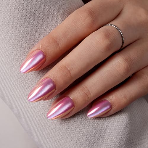 VSALON Press on Nails Short Almond - Pink Cat Eye Chrome Fake Nails Kit