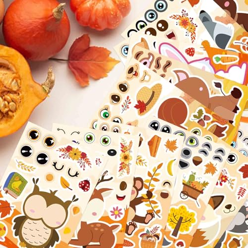 Image of 24 PCS Fall Stickers, Make-a-face Stickers,Autumn Animals Stickers for Kids | Make Your Own Animal Face Sticker Sheets, Thanksgiving Stickers for Party Favor Supplies Scrapbooking Crafts Classroom Gifts
