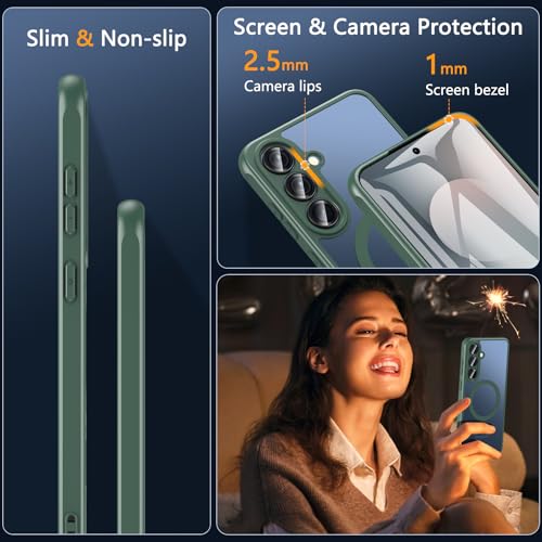 Image of OWKEY for Samsung Galaxy S25 FE Case 6.7'', Magnetic Galaxy S25 FE Case for Magsafe with Tempered Screen Protector [Shockproof Military] Translucent Matte Bumper Phone Cover Samsung S25 FE 5G, Green