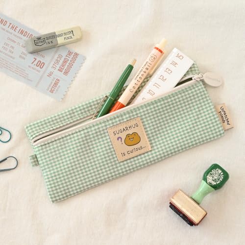 Image of Unmatched Friends Picnic Check Pencil Case, Mint - Aesthetic Gingham Pastel Desk Organizer, Trendy Minimalist Stationery Pouch