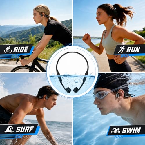 Image of Fanisic Lap Swimming Headphones /Earbuds, Bluetooth 6.0 & MP3 with 32GB Memory IP68 Waterproof Bone Conduction Headphones, Underwater Open Ear Headphones Secure Fit for Surfing Cycling Running(Black)