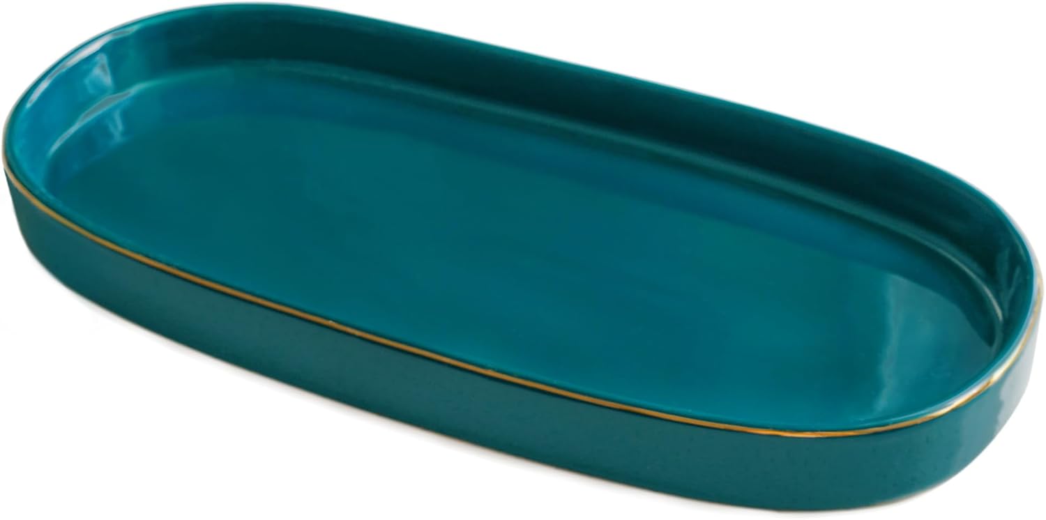 Bandeja Oval de Cerámica para Baño o Cocina, Verde, 10x5 Pulgadas
