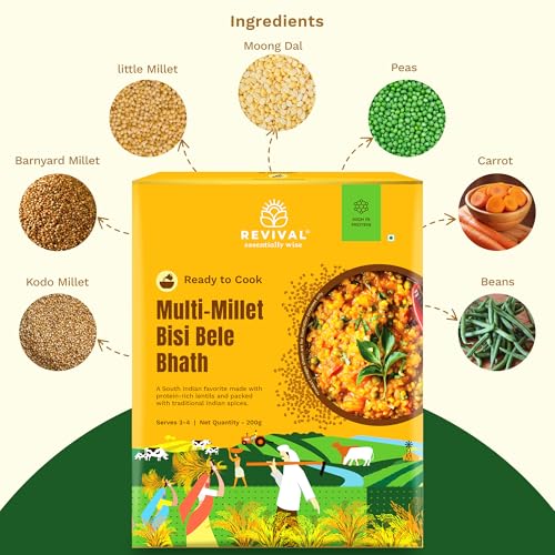 Image of Revival Multi-Millet Bisi Bele Bath Mix - Pack of 2 (200g Each) | Instant South Indian Meal | High Fiber, Vegan & Gluten-Free | No Additives | Healthy, Nutritious & Ready in 15 Minutes