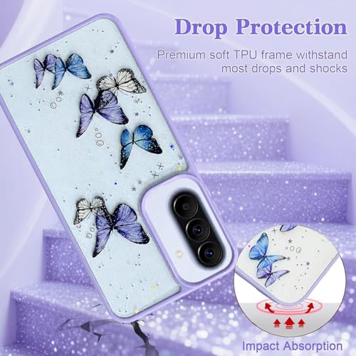 Image of VONZEE for Samsung Galaxy A57 Clear Glitter Butterfly Case, Cute Bling Sparkle Shiny Soft Silicone TPU Bumper Shockproof Women Girls Slim Protective Phone Cover for Samsung Galaxy A57, Purple