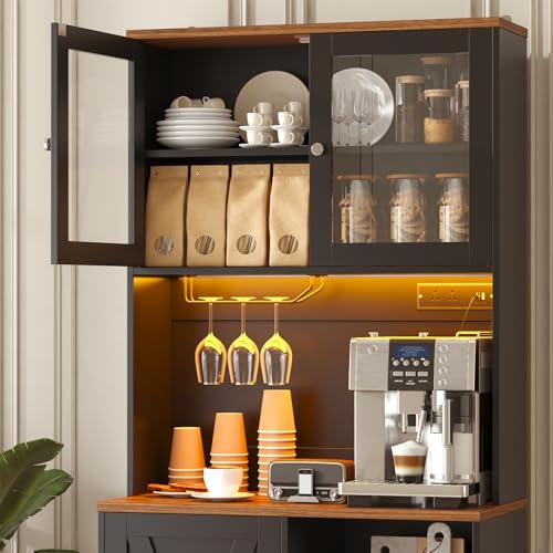 Image of 71 inch Tall Coffee Bar Cabinet with Storage Hutch, Farmhouse Kitchen Pantry Cabinet with LED Lights Microwave Stand and Glass Holder for Home Dining Room Kitchen (Black)