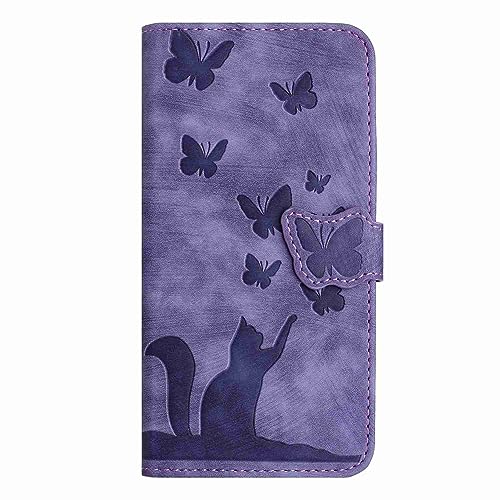 Skyhewen for Samsung Galaxy A12 Case, Cat and Butterfly PU Leather Flip Wallet Protective Case with Card Slots Kickstand Magnetic Closure Shockproof Phone Case Cover for Samsung Galaxy A12, Purple