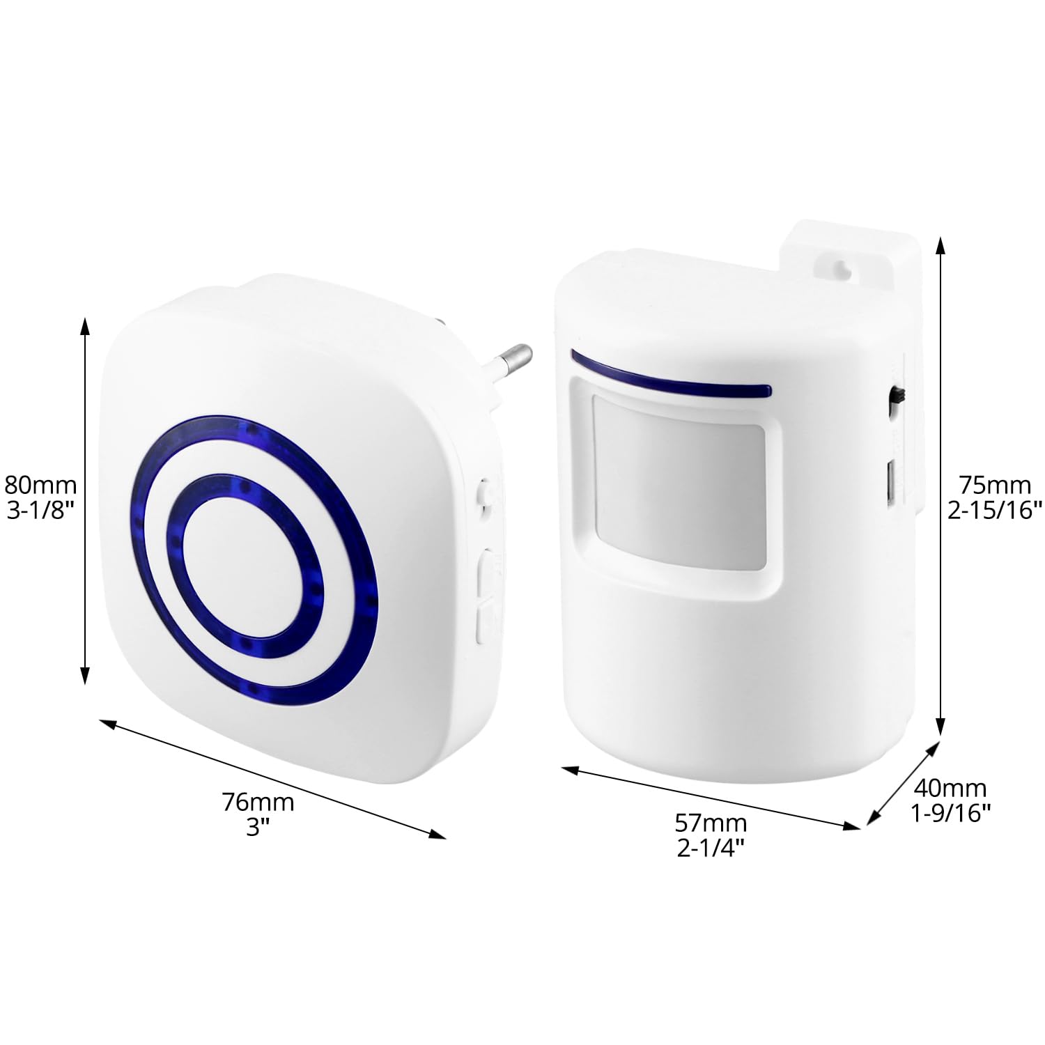 QWORK® Detector de Presencia para Tienda, Timbre Inalámbrico con 1 Receptor Electrónico y 1 Detector de Sensor de Movimiento PIR, 38 Tonos, 3 Niveles de Volumen, Rango 70m