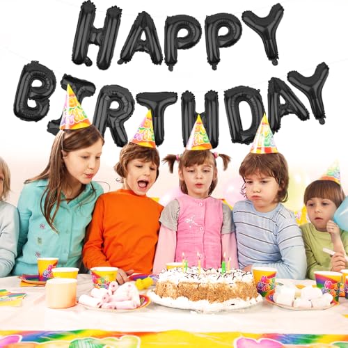 Image of Happy Birthday Balloons Banner Black 16 Inch Mylar Foil Letters