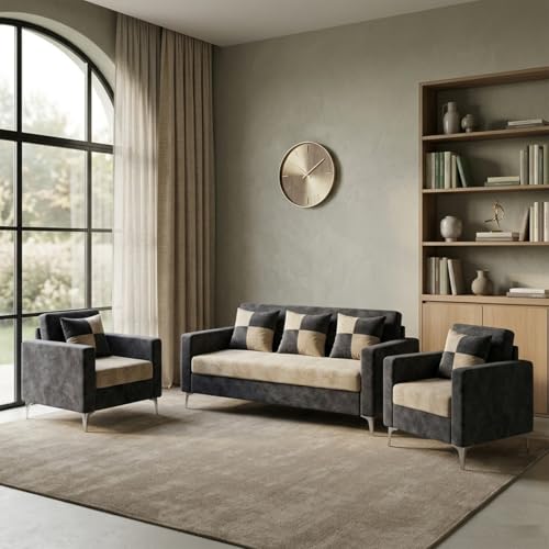 Image of FURNY Lushwood 3 Seater + 1 Seater + 1 Seater Sofa Set (Dark Grey-Cream) | Premium Suede Velvet Fabric Finish | Silver Metal Legs | Durable Comfort Sofa for Modern Living Room & Office Spaces