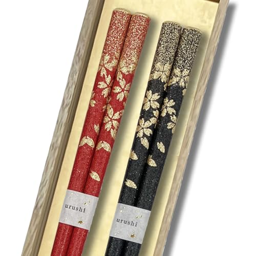 橋本幸作漆器店 黒赤2膳セット 輪島うるし箸 乾漆仕上げ 桐箱入り 22.5cm 日本製 滑りにくい 夫婦箸 お揃い ペア (黒:桜ふぶき, 赤:桜ふぶき)