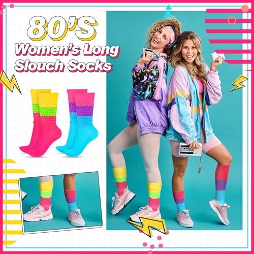Neon Slouch Socks,80s 90s Neon Women's Leg Warmers Extra Long Slouch Socks Soft Scrunch Knee High Sock for Neon Party(Rose, Neon Green, Neon Yellow)