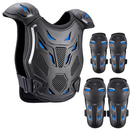 PELLOR Armadura Motociclista Mejorada para Niños, 5 Piezas Protección de Pecho para Motocross con Rodilla/Codos/Pecho, Motos Ropa Protectora Niños Ideal para Ciclismo, Esquí, Equitación, Patinaje