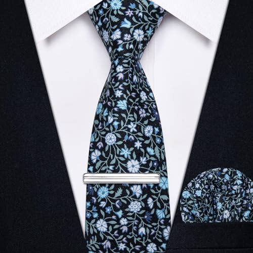 Image of YourTies Cotton Floral Tie for Men 2.5 inch Printed Skinny Necktie Pocket Square Tie Clip Set Flower Wedding Party Groom