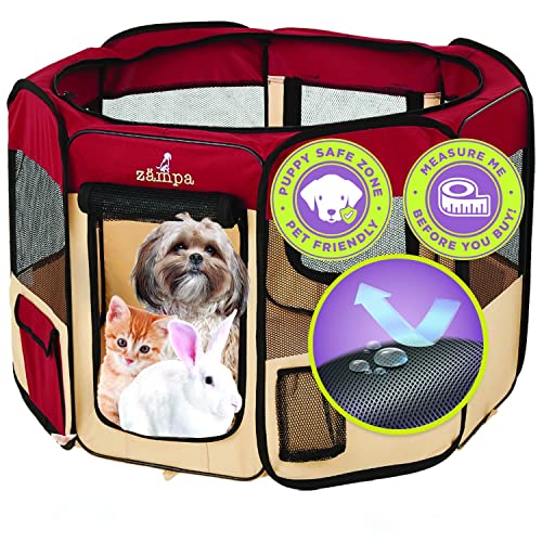 Zampa Puppy Pop Up Portable Playpen for Dog and Cat, Foldable | Indoor/Outdoor Kitten Pen & Travel Pet Carrier + Carrying Case (Red, Small (36'x36'x24'))