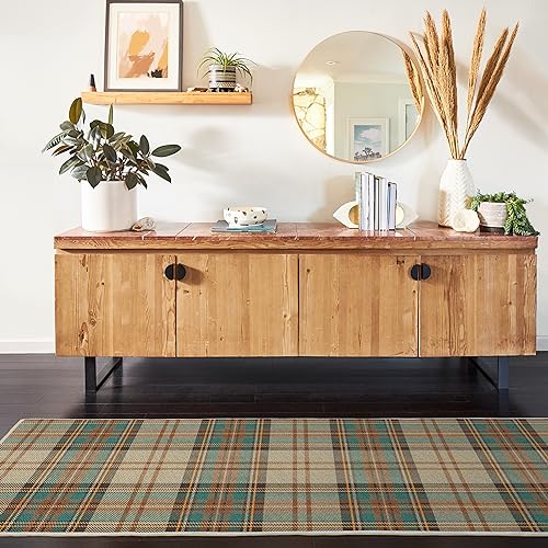 RUGGABLE Winter Plaid Runner Rug - Perfect Holiday Washable Rug for Entryway Hallway Kitchen - Pet & Child Friendly - Stain & Water Resistant - Dress Stewart Tartan Khaki 2.5'x10' (Standard Pad)