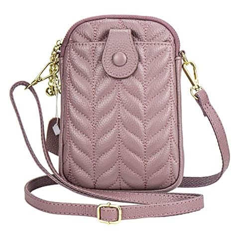 RRvane Genuine Leather Quilted Crossbody Bag for Women, Small Cell Phone Purse, Lightweight Shoulder Bag, Mauve Cover