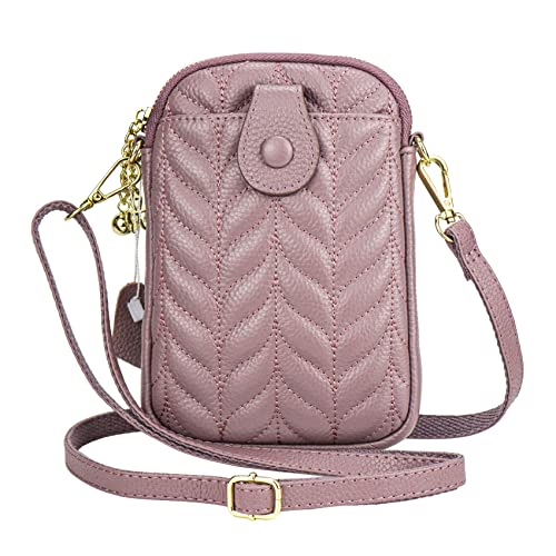 Small Quilted Leather Crossbody Bag for Women, Ladies Minimalist Cell Phone Purse with Strap, Lightweight Shoulder Bag