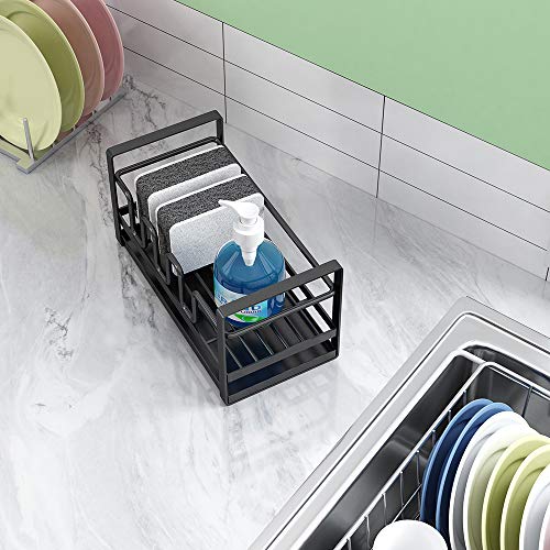 Sponge Holder Kitchen Sink Caddy Organizer Countertop Sponge Brush Soap Dish Rack Drainer, Black