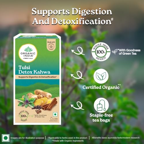 Image of A TATA Product - Organic India Tulsi Detox Kahwa - 25 Tea Bags, Helps Improve Digestion & Detoxification, Rich in Antioxidants, Made with Tulsi, Ginger, Clove, and Green Tea