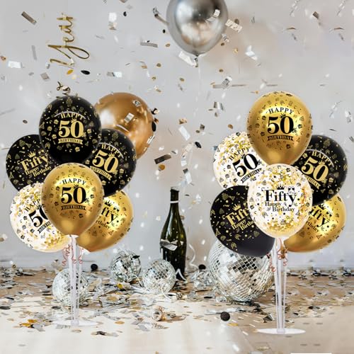 Image of TONIFUL 4 Set Black Gold 50 Printed Balloon Stands for 50th Birthday Decor