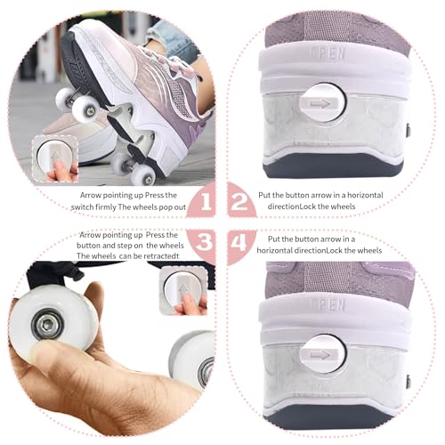 Double-Row Deform Wheel Automatic Walking Shoes Invisible Deformation Roller Skate 2 in 1 Removable Pulley Skates Skating Parkour (Pink, US9) - Thumbnail 5