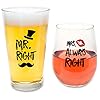 Funny Mr. Right and Mrs. Always Right Novelty Wine Glass and Beer Glass | Includes Fun, Stylish Gift Box | For Weddings…