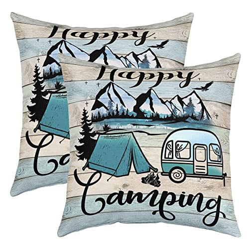 Happy Camping - Set di 2 federe per cuscino da campeggio, 55 x 55 cm, motivo camper per per divano, stile rustico, decorazione da campeggio, motivo auto a tema colorato, vintage, in legno