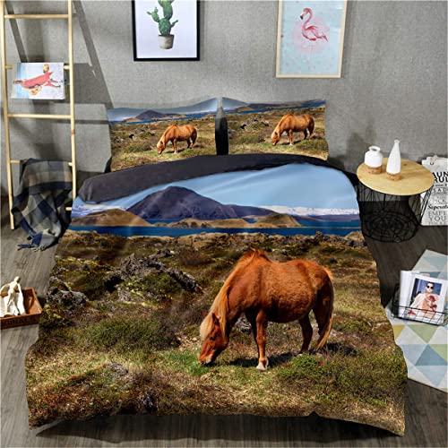 3D-Gedruckter Bettbezug Pferdebettwäsche-Set 3-teilig Bedruckter Bettbezug mit Reißverschluss (King-Size-Größe 220 x 240 cm, 1 Bettbezug + 2 Kissenbezüge) Cover