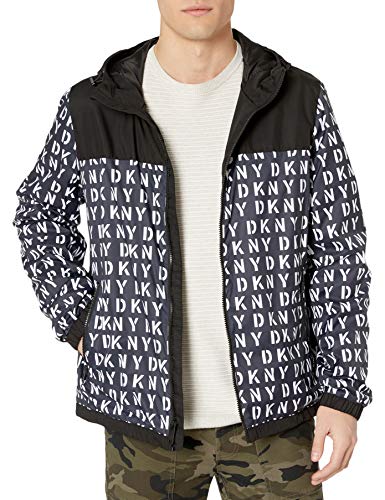 DKNY Men's Water Resistant Mixed Media Hooded Rain Slicker Jacket, Print, Medium