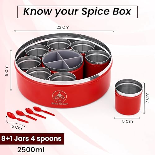Image of 12-in-1 Stainless Steel Spice Box (Royal Red) | Masala Dabba with 8 Containers + 1 Divider (4 Sections) + 3 Spoons | Airtight Kitchen Organizer, Traditional Look