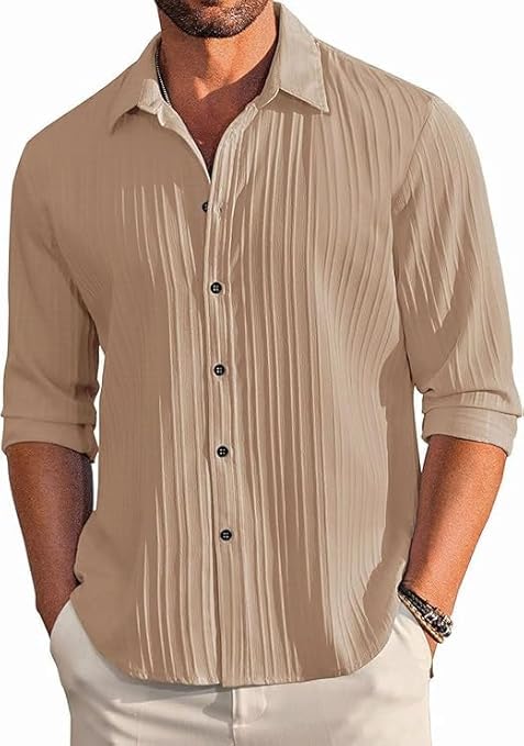Image of Men's Textured Striped Casual Shirt, Beige, Long Sleeve, Button-Down, Relaxed Fit, Size - M