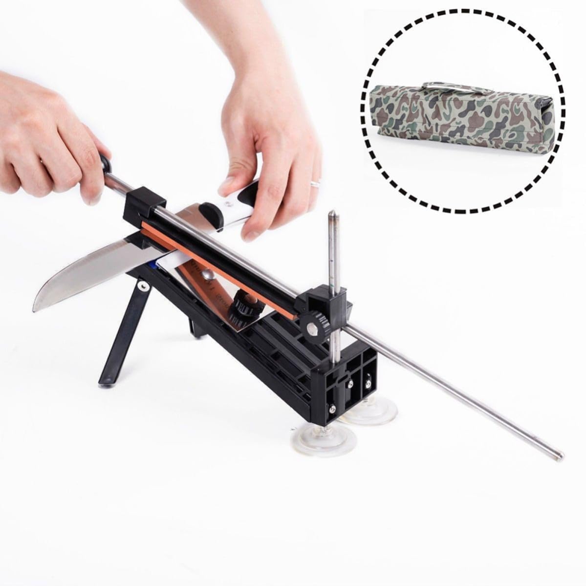 PRETYZOOM Affilacoltelli a Angolo Fisso con Pietre per Affilatura 180# 400# 800# 1500#, Materiale Abs Plastica e Acciaio Inox, Affilatore da Cucina Nero per Uso Domestico