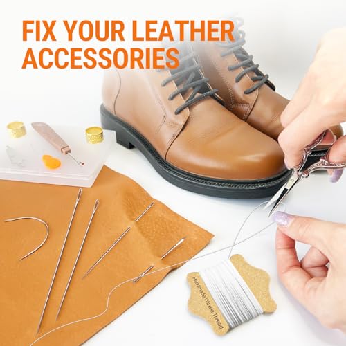 Hilo de coser encerado (color blanco), agujas resistentes (11 piezas) y agujas afiladas de ojo grande (200 piezas) — para coser a mano, ideal para cuero, lona y más miniatura 7