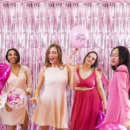 Image of GOER 3.2 ft x 9.8 ft Metallic Tinsel Foil Fringe Curtains for Party Photo Backdrop Wedding Decor (2 Packs, Pink)