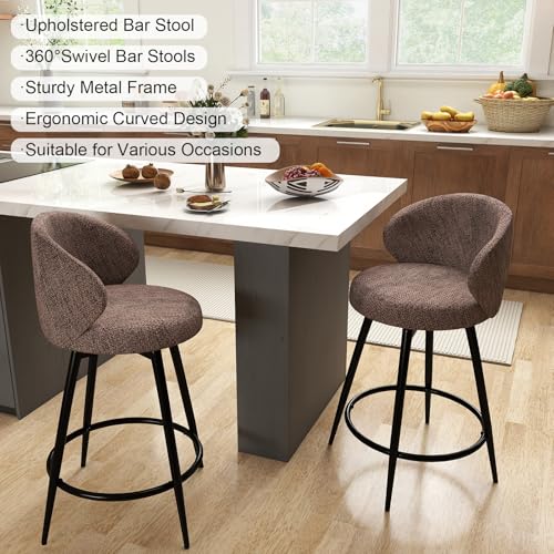 Image of 360 Swivel Modern Bar Stool Set of 4, 26 inch Upholstered Counter Height Bar Stools with Wingback, Soft Linen Fabric, Counter Chairs with Arm for Kitchen Island or Home Bar, Brown