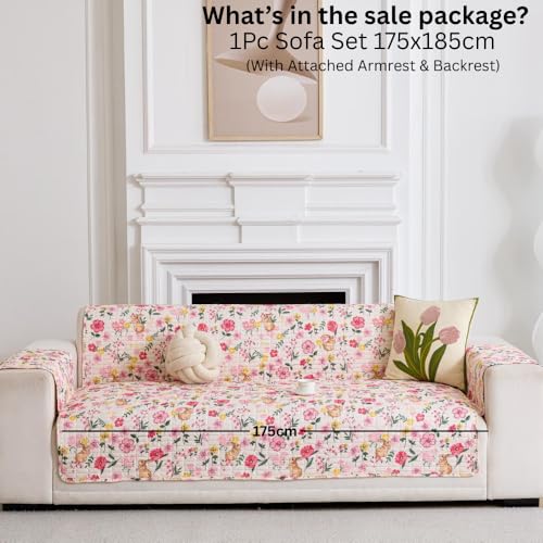 Image of HOMETHREADS Premium Style Anti Slip Sofa Cover Set | Cotton Sofa Slipcover | 1Pc Front Cover with Attached Armrest + 1Pc Back Cover (Cream Pink Flower, 3 Seater | 175x185cm)