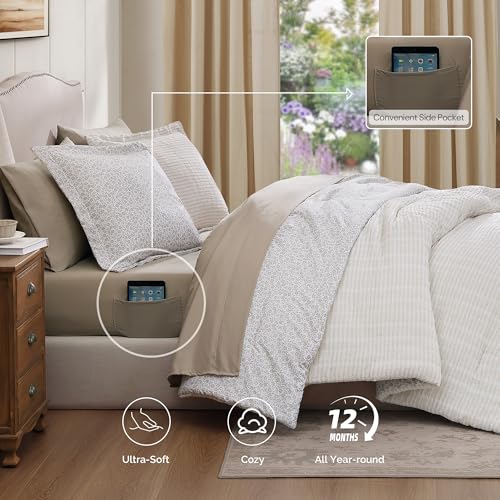 King Comforter Set - 7 Pieces Beige Gauze Muslin Bedding Sets for All Seasons, Lightweight Breathable Bed in a Bag King with Revesible Farmhouse Comforter, Sheets, Pillowcases & Shams