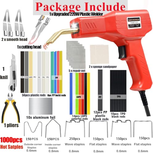 Upgraded 220W Plastic Welder, 2 in 1 Plastic Welding Kit Plastic Repair Welder Kit 1000PCS Hot Stapler Soldering Gun with 100PCS Plastic Welding Rods Car Bumper Repair Kit for Most Plastic Repair