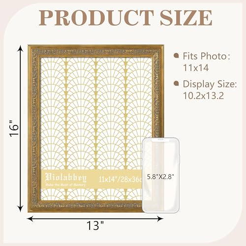 Image of VIOLABBEY 11x14 Picture Frame Gold, Vintage Photo Frames Ornate without Mat for Tabletop or Wall Hanging