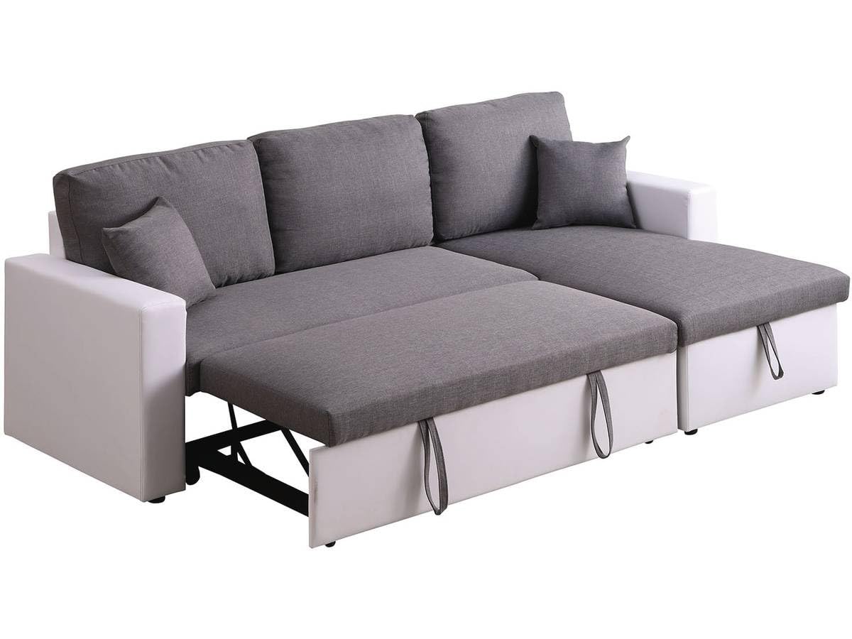 Habitat et Jardin - Canapé d'angle Convertible et Réversible Alain 3 Places Blanc et Gris - Canapé Lit Moderne en Tissu Lin - Espace de Stockage (Méridienne) - Design