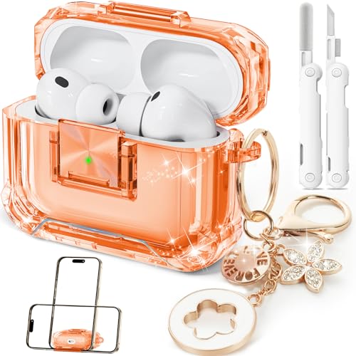 Image of for AirPods Pro 3 Case with Safety Lock,Clear Case Soft TPU Shock-Proof Protective Cover with Cute Bling Keychain and Cleaner kit for Women Girls-Clear Orange