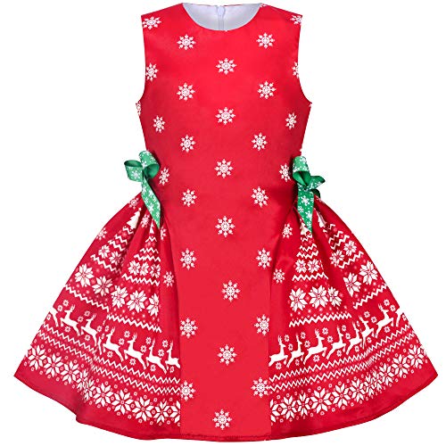 Sunny Fashion Girls Dress Red Reindeer Snowflakes Christmas Party Holiday