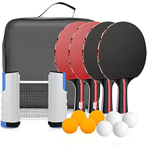 Powcan Tischtennis-Set 4 Tischtennisschläger/Schläger + Ausziehbare Tischtennisnetz + 8 Bälle, Ping Pong Set Spiel für Anfänger Cover
