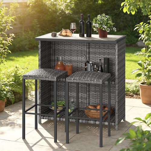 GarveeHome 3 Pcs PE Rattan Bar Table Set Outdoor Counter Height Bistro Set with 2 Bar Stools Space Saving Breakfast Bar Furniture with DPC Tabletop for Home Balcony Patio Kitchen Grey