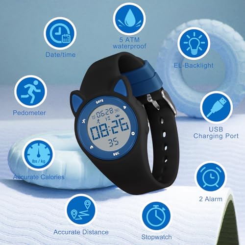 Image of Kids Watches for Girls Boys Digital Sport Watch with Step Counter Pedometer Vibration Alarm Clock, No App Waterproof Fitness Tracker Kids Watch Boys Girls Teens Students Ages 5-16