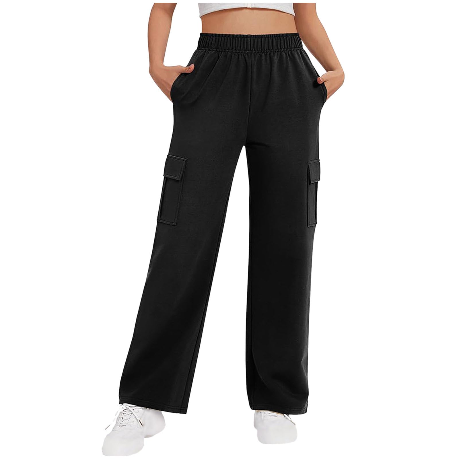 Womens Straight Cargo Pants High Waist Wide Leg Baggy Y2k Sweatpants Casual Classic Athletic Jogger Pant with Pocket Black