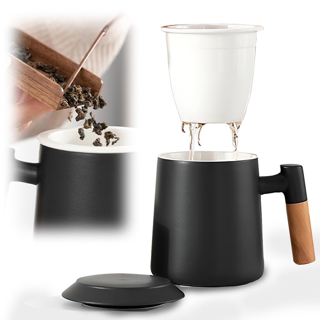 Generico Tazza da tè in Ceramica con Coperchio, Filtro per tè da 450 Ml, per Infusione di tè Sfuso, Manico in Moo per Proteggere dal Calore, Ideale Come Regalo per Lufficio O per Tutti I Giorni